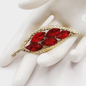 Vintage 1950s Red Rhinestone Leaf Brooch Gold Tone 2.5 Inch Unsigned